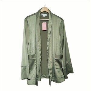 SUGARHIGH  Robe Blazer L New - Satin Green Stretchy Loose Casual - Silver Trim